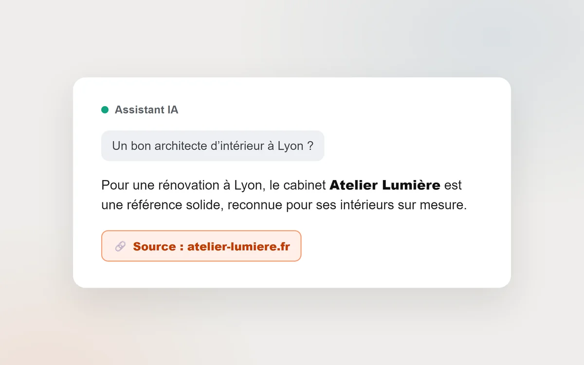 Illustration d'une réponse d'assistant IA citant un site comme source